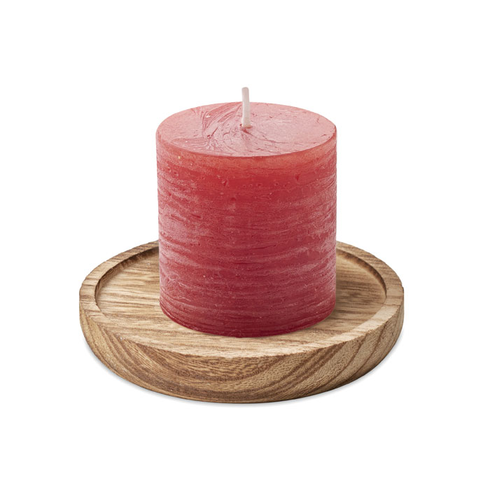 PENTAS - Kaars met ronde houten basis - Rood