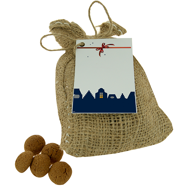 Medium Jute zakje gevuld met 100 gram kruidnoten, strooigoed of Chocolade munten