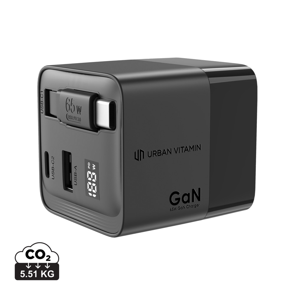 Urban Vitamin Mendocino 65W GaN lader, uittrekbare kabel