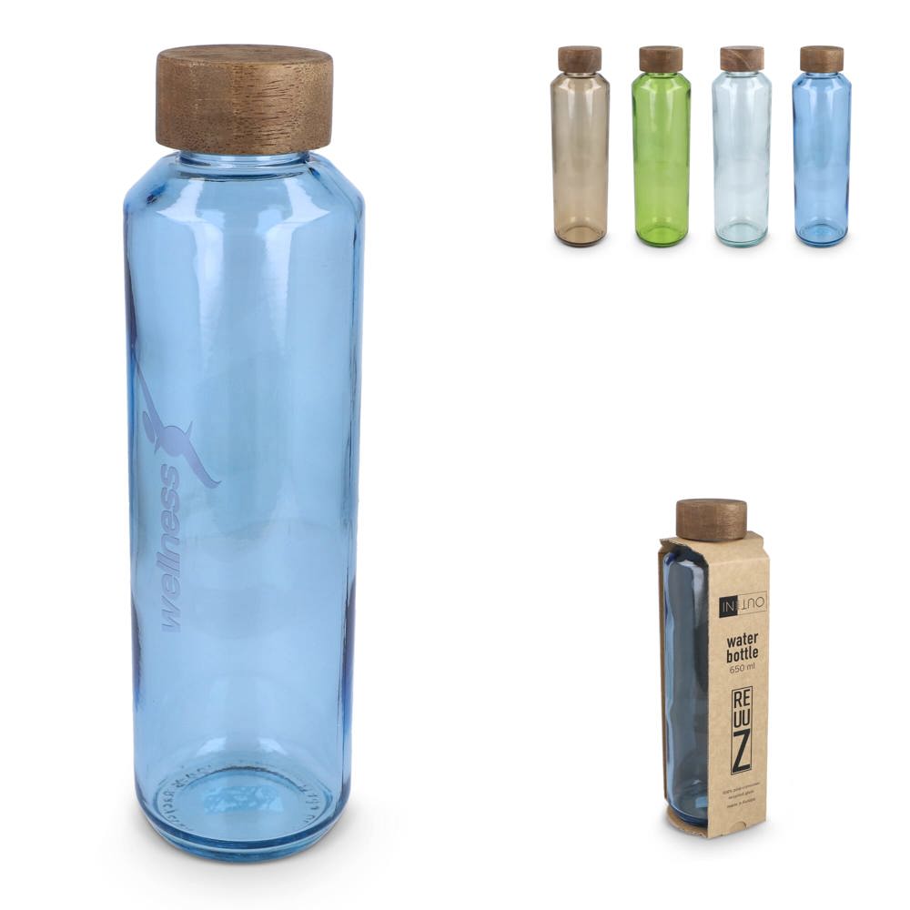 InSideOut Gerecyclede glazen Waterfles ReuuZ met houten dop 650 ml